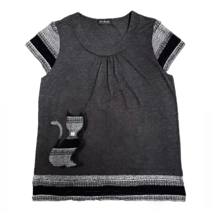 [BUNJANG] Glossibeaut Cat Patchwork Knit Top / 모리걸 고양이 반팔 니트 하구미 펑크 갸루 y2k