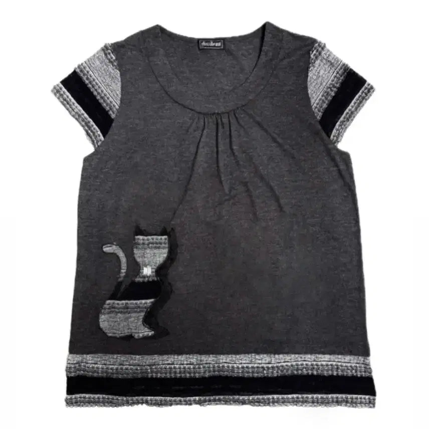 [BUNJANG] Glossibeaut Cat Patchwork Knit Top / 모리걸 고양이 반팔 니트 하구미 펑크 갸루 y2k