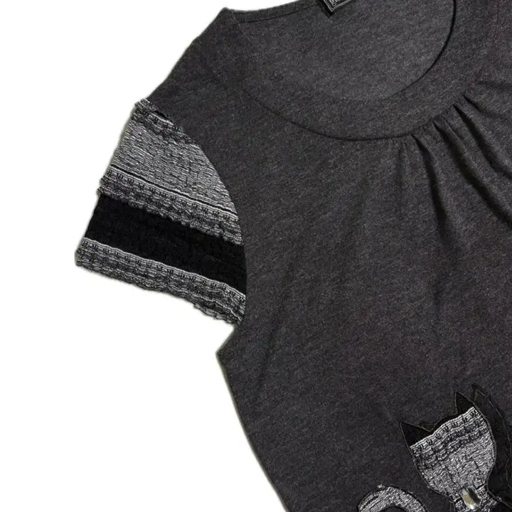[BUNJANG] Glossibeaut Cat Patchwork Knit Top / 모리걸 고양이 반팔 니트 하구미 펑크 갸루 y2k