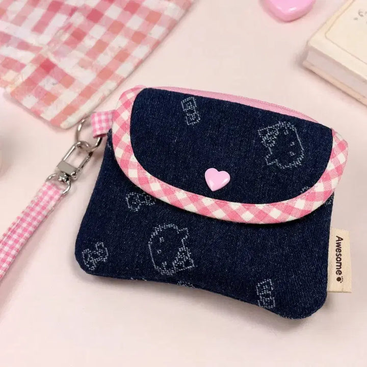 [BUNJANG] Handmade Pink Denim Cat Check Card Wallet / [핸드메이드] 핑크 데님 고양이 체크 카드지갑