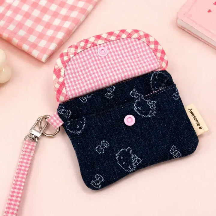 [BUNJANG] Handmade Pink Denim Cat Check Card Wallet / [핸드메이드] 핑크 데님 고양이 체크 카드지갑