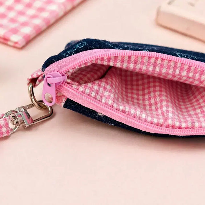 [BUNJANG] Handmade Pink Denim Cat Check Card Wallet / [핸드메이드] 핑크 데님 고양이 체크 카드지갑