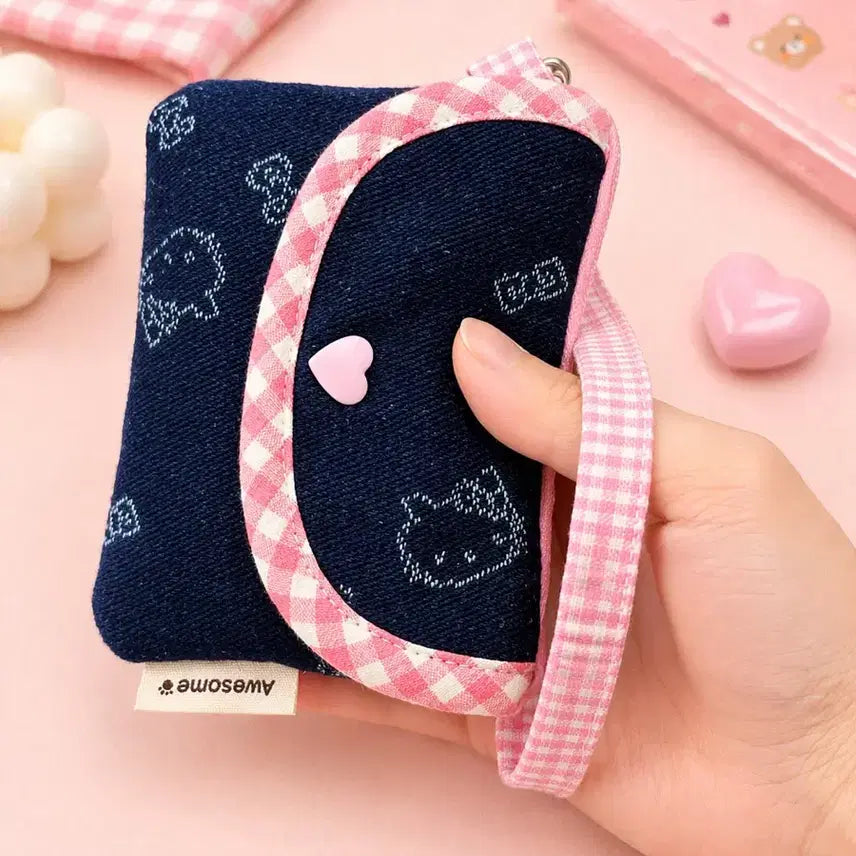 [BUNJANG] Handmade Pink Denim Cat Check Card Wallet / [핸드메이드] 핑크 데님 고양이 체크 카드지갑