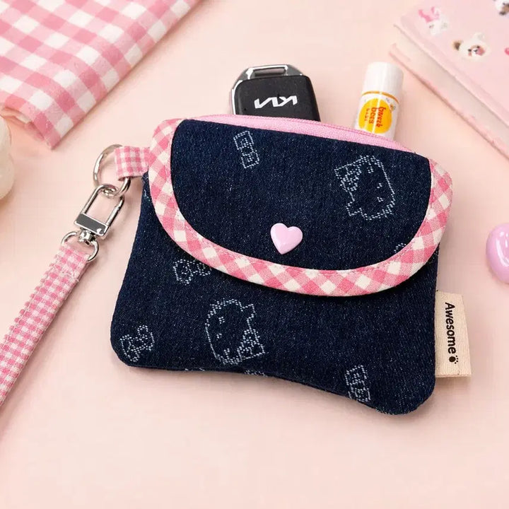 [BUNJANG] Handmade Pink Denim Cat Check Card Wallet / [핸드메이드] 핑크 데님 고양이 체크 카드지갑