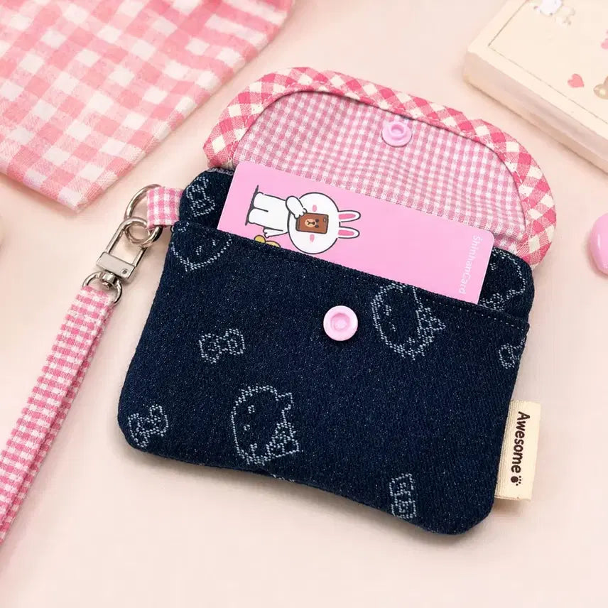 [BUNJANG] Handmade Pink Denim Cat Check Card Wallet / [핸드메이드] 핑크 데님 고양이 체크 카드지갑