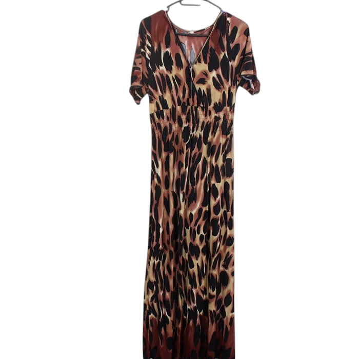 [BUNJANG] Leopard Print V-Neck Maxi Dress with Back Elastic Band (Women&