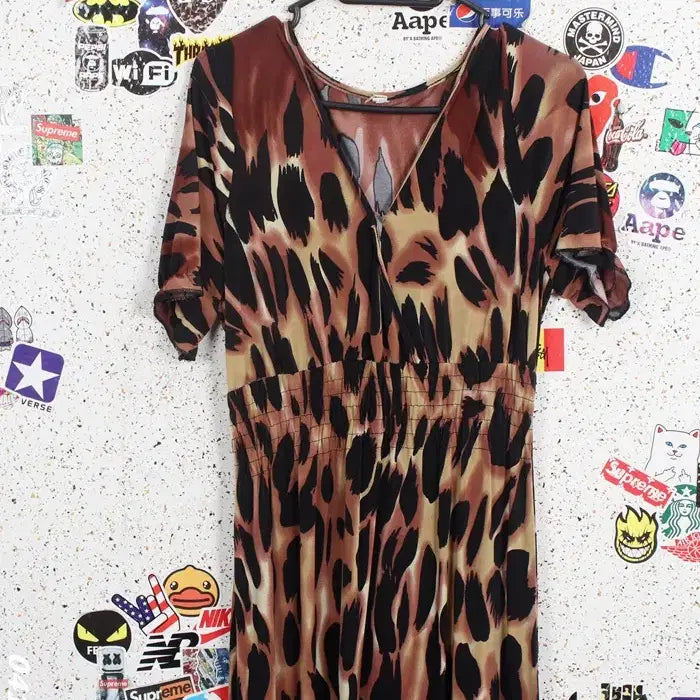 [BUNJANG] Leopard Print V-Neck Maxi Dress with Back Elastic Band (Women&