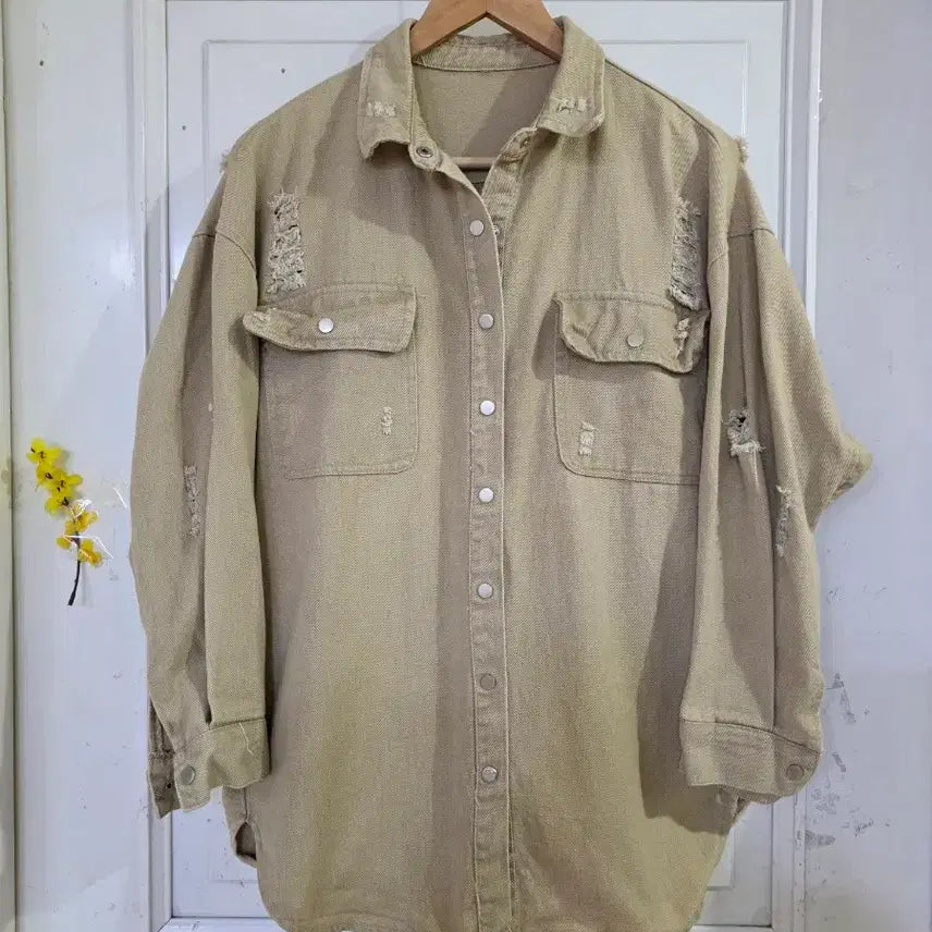 [BUNJANG] Spring Beige Washed Cotton Shirt Jacket / 봄   워싱 셔츠 면 디자인이쁜  베이지  깨끗해요  가슴단면63