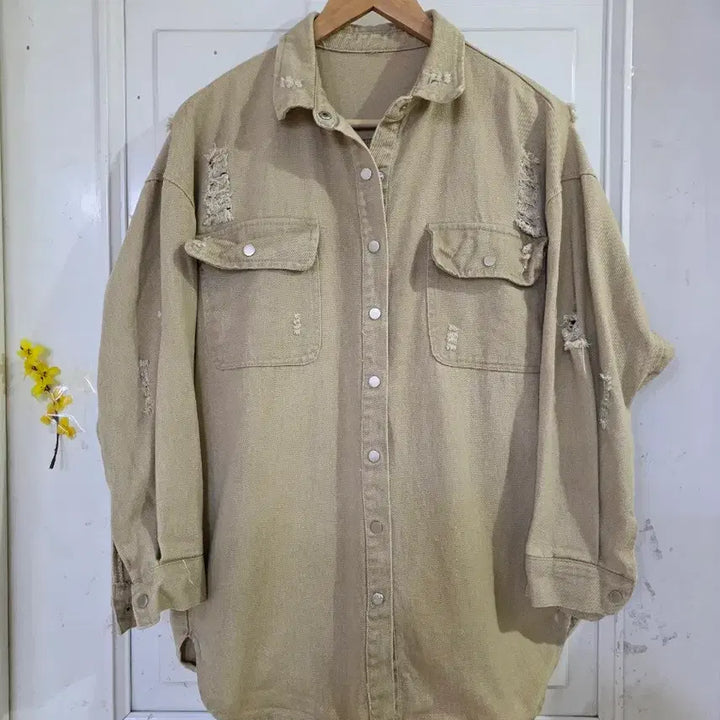 [BUNJANG] Spring Beige Washed Cotton Shirt Jacket / 봄   워싱 셔츠 면 디자인이쁜  베이지  깨끗해요  가슴단면63