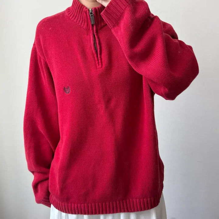 [BUNJANG] XXL CHAPS Red Knit Half-Zip Sweatshirt / [XXL] 챕스 레드 니트 반집업