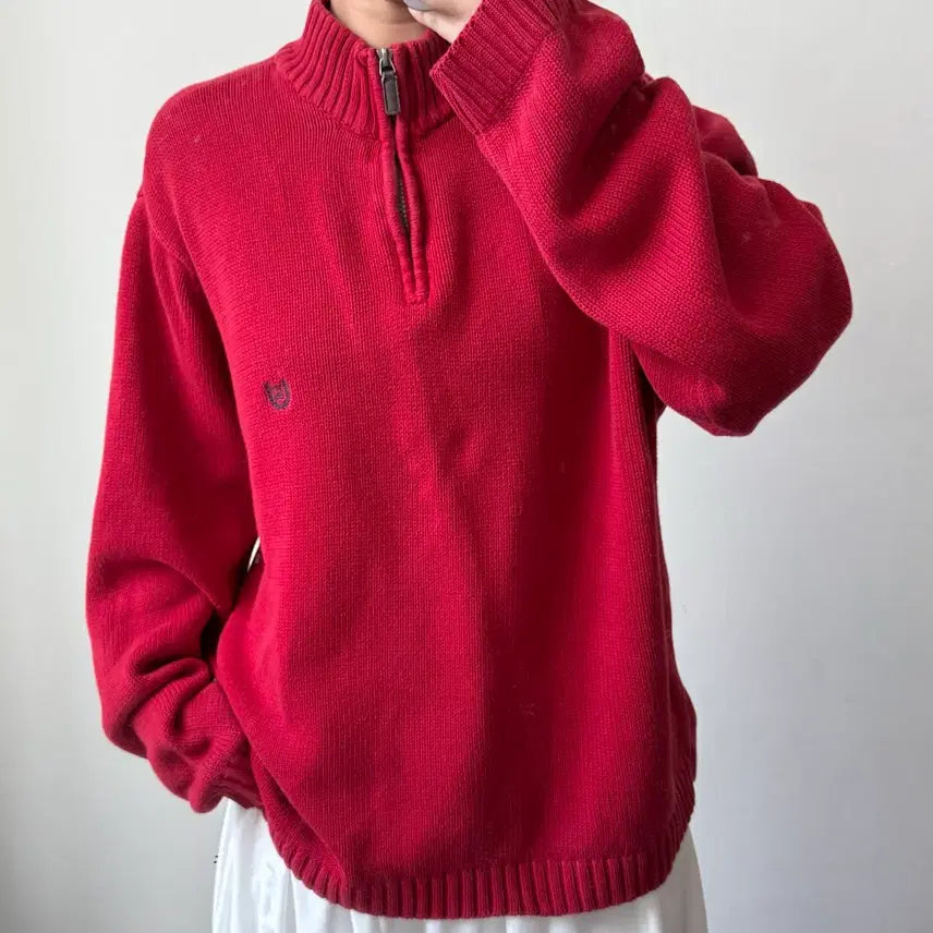 [BUNJANG] XXL CHAPS Red Knit Half-Zip Sweatshirt / [XXL] 챕스 레드 니트 반집업