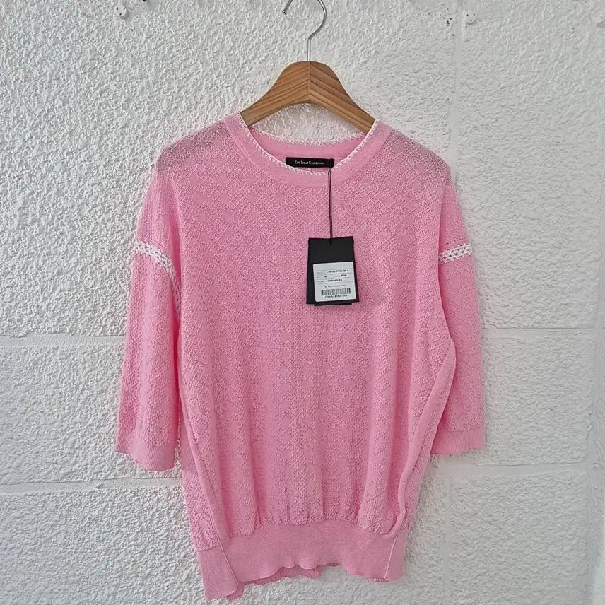 [BUNJANG] The Izzat Pink Summer Knit Lace Point Top / 새상품)더아이잗 핑크 여름 니트 레이스 포인트