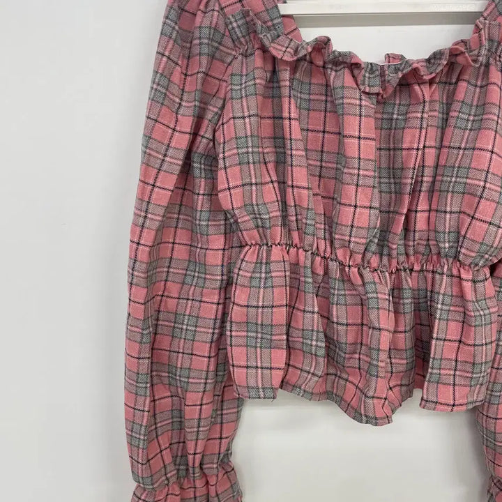 [BUNJANG] Eco Ribbon Frill Check Blouse / 프릴 체크 블라우스