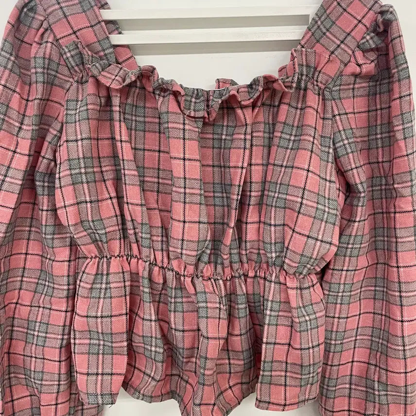 [BUNJANG] Eco Ribbon Frill Check Blouse / 프릴 체크 블라우스