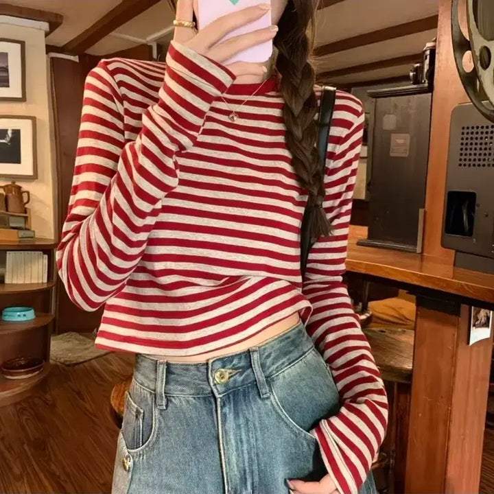 [BUNJANG] Red Stripe Long Sleeve T-Shirt / 레드 스트라이프 긴팔 티셔츠