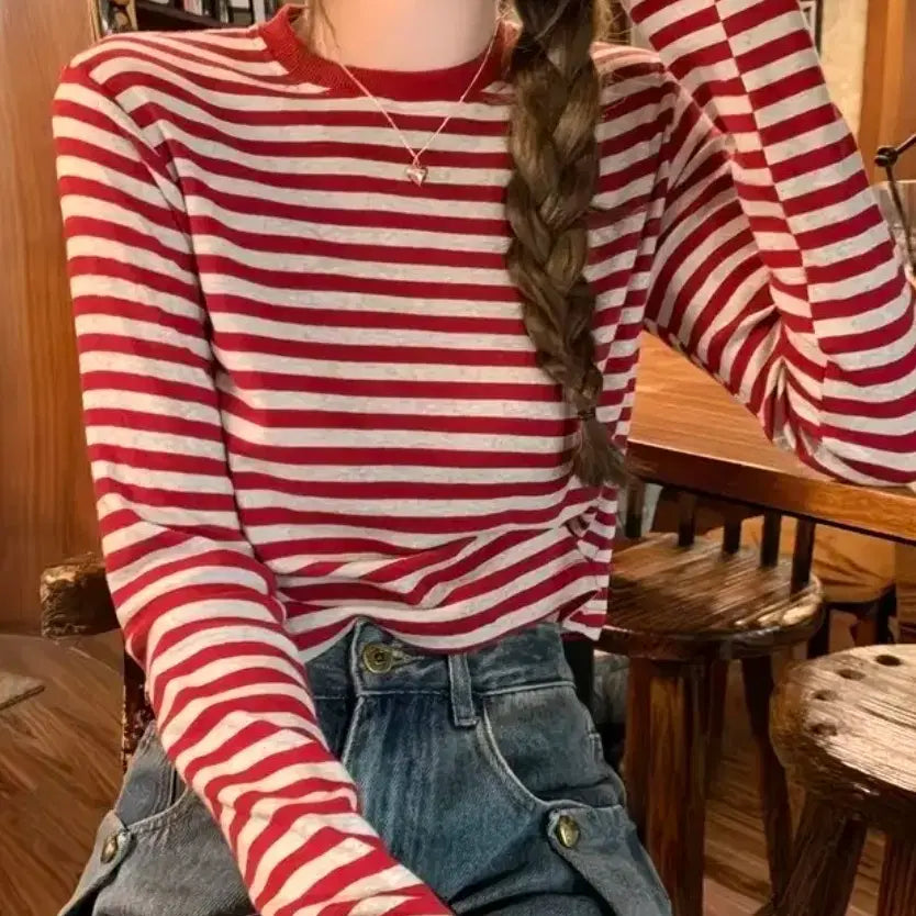 [BUNJANG] Red Stripe Long Sleeve T-Shirt / 레드 스트라이프 긴팔 티셔츠