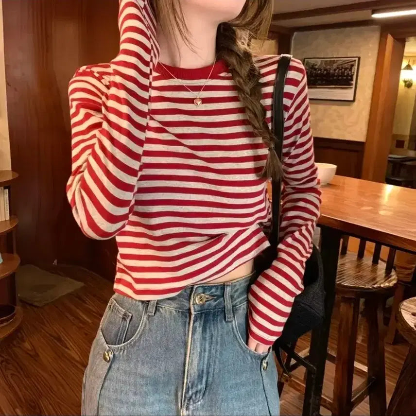 [BUNJANG] Red Stripe Long Sleeve T-Shirt / 레드 스트라이프 긴팔 티셔츠