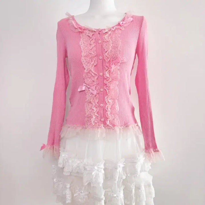 [BUNJANG] Ank Rouge Pink Frill Ribbon Lace Cardigan / 히메갸루 일브 핑크 프릴리본레이스 가디건 앙크루즈 시허니 양산형