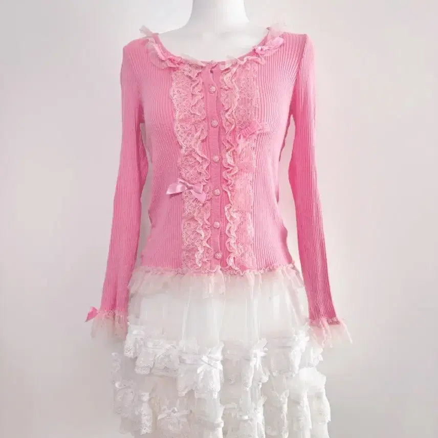 [BUNJANG] Ank Rouge Pink Frill Ribbon Lace Cardigan / 히메갸루 일브 핑크 프릴리본레이스 가디건 앙크루즈 시허니 양산형