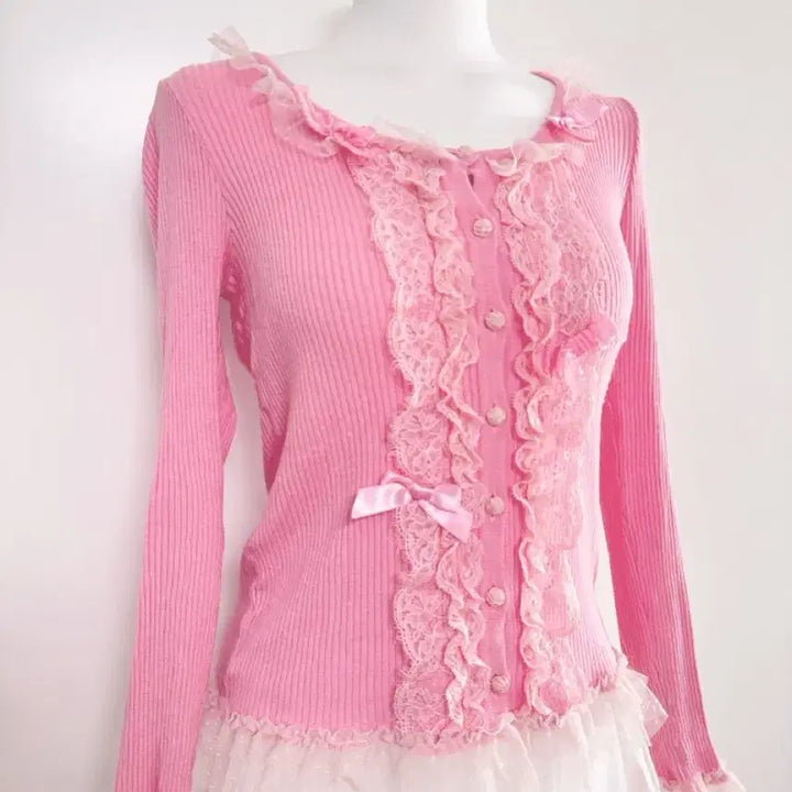 [BUNJANG] Ank Rouge Pink Frill Ribbon Lace Cardigan / 히메갸루 일브 핑크 프릴리본레이스 가디건 앙크루즈 시허니 양산형