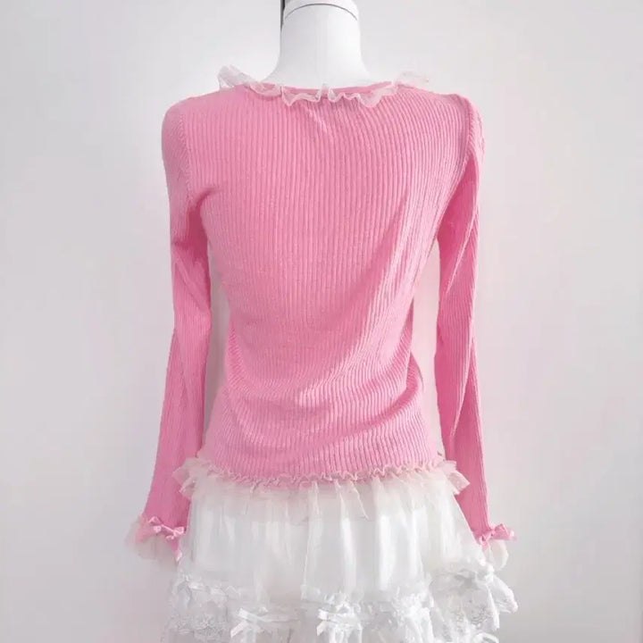 [BUNJANG] Ank Rouge Pink Frill Ribbon Lace Cardigan / 히메갸루 일브 핑크 프릴리본레이스 가디건 앙크루즈 시허니 양산형