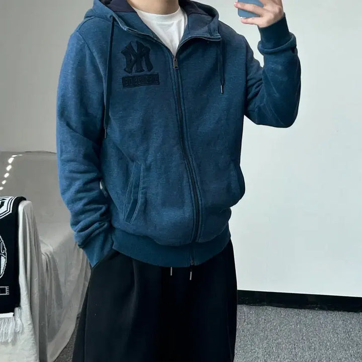 [BUNJANG] MLB New York Yankees Navy Big Logo Hooded Zip-up / MLB 뉴욕 양키스 네이비 빅로고 후드집업