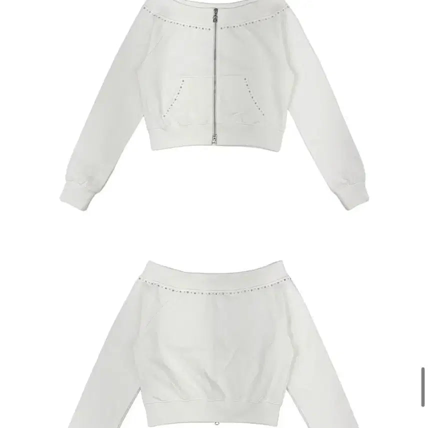 [BUNJANG] QUTY Studded Off-Shoulder Zip-Up White Top / 큐리티 STUDDED OFF-SHOULDER ZIP- UP_White