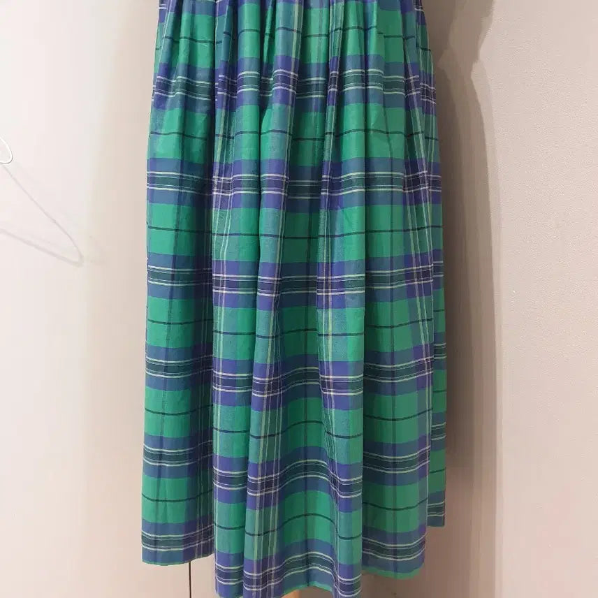[BUNJANG] Green Check Pleated Long Skirt / 그린 체크 플리츠 롱 스커트
