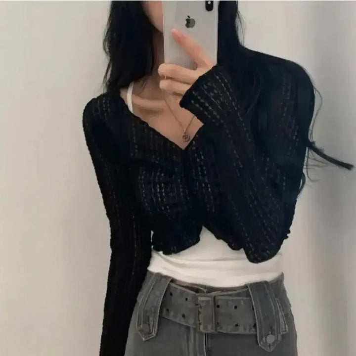[BUNJANG] Black See-through Shirring Blouse Crop Top / 블랙 시스루 셔링 블라우스 크롭티셔츠