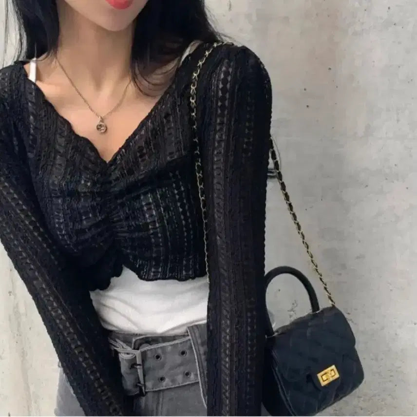 [BUNJANG] Black See-through Shirring Blouse Crop Top / 블랙 시스루 셔링 블라우스 크롭티셔츠