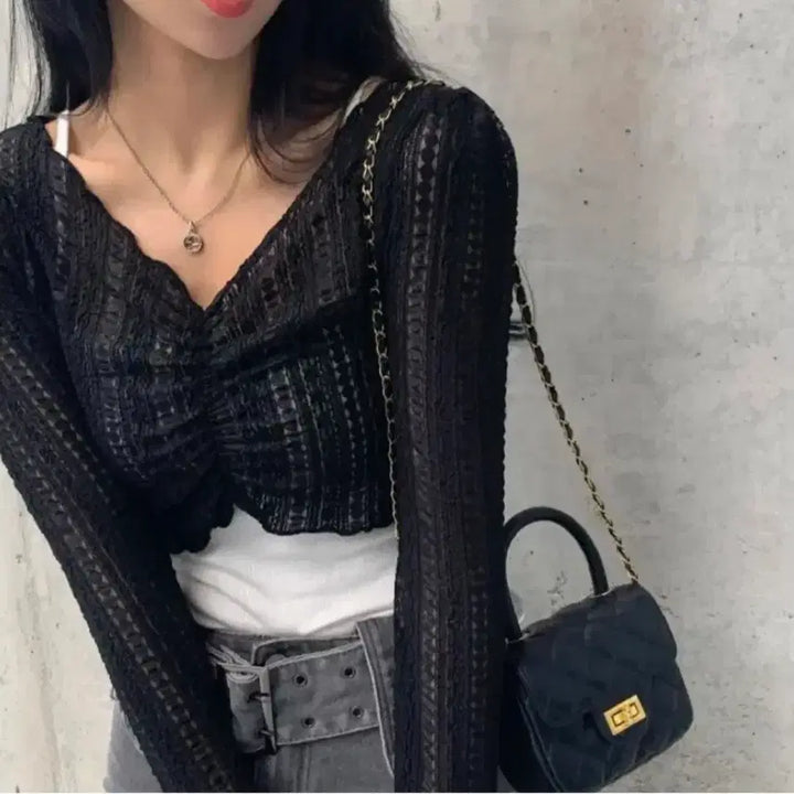 [BUNJANG] Black See-through Shirring Blouse Crop Top / 블랙 시스루 셔링 블라우스 크롭티셔츠