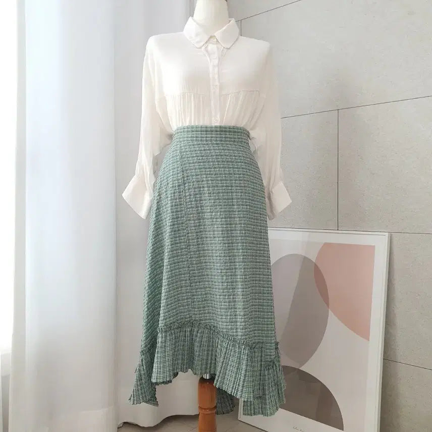 [BUNJANG] ON&amp;ON Mint Check Unbalanced Frill Long Skirt / 온앤온 민트체크 언밸런스 프릴 롱 스커트