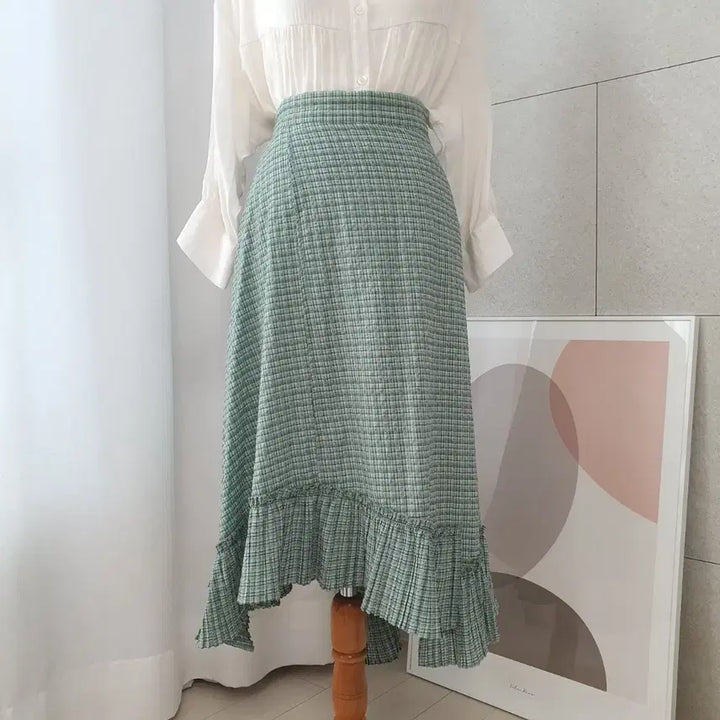 [BUNJANG] ON&amp;ON Mint Check Unbalanced Frill Long Skirt / 온앤온 민트체크 언밸런스 프릴 롱 스커트