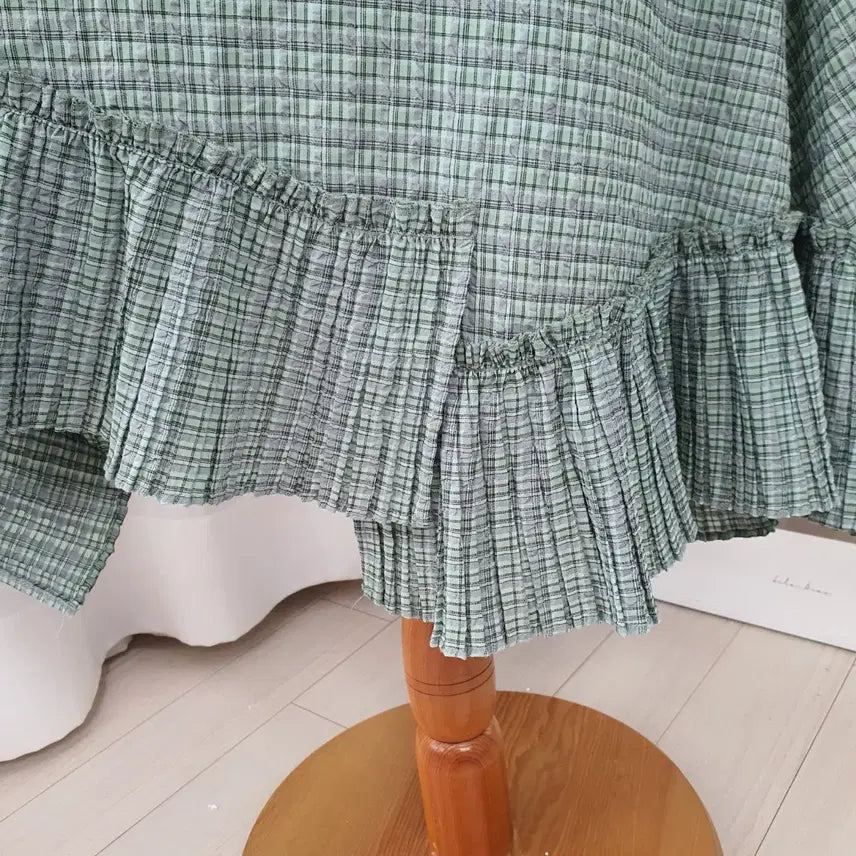 [BUNJANG] ON&amp;ON Mint Check Unbalanced Frill Long Skirt / 온앤온 민트체크 언밸런스 프릴 롱 스커트