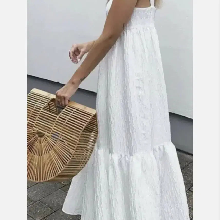 [BUNJANG] Zara White Embossed Long Dress / 화이트 엠보싱 롱 원피스 자라롱원피스