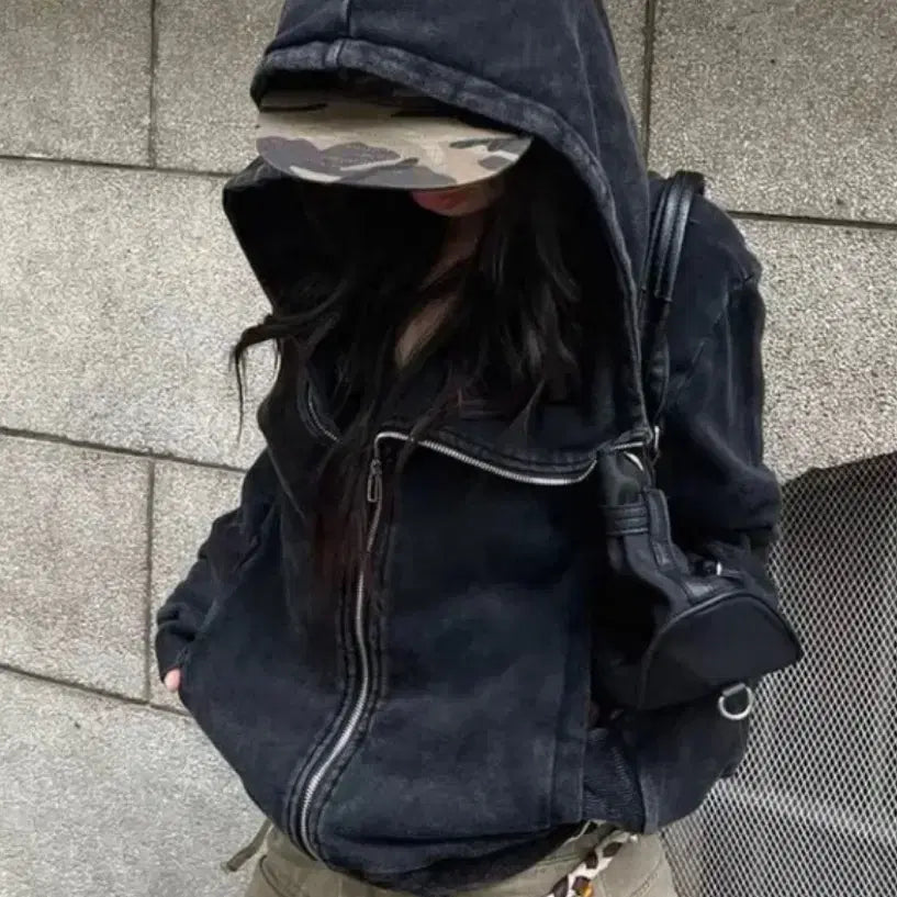 [BUNJANG] Vintage High Neck Charcoal Pigment Hooded Zip-up / 빈티지 하이넥 언발 피그먼트 차콜 후드집업