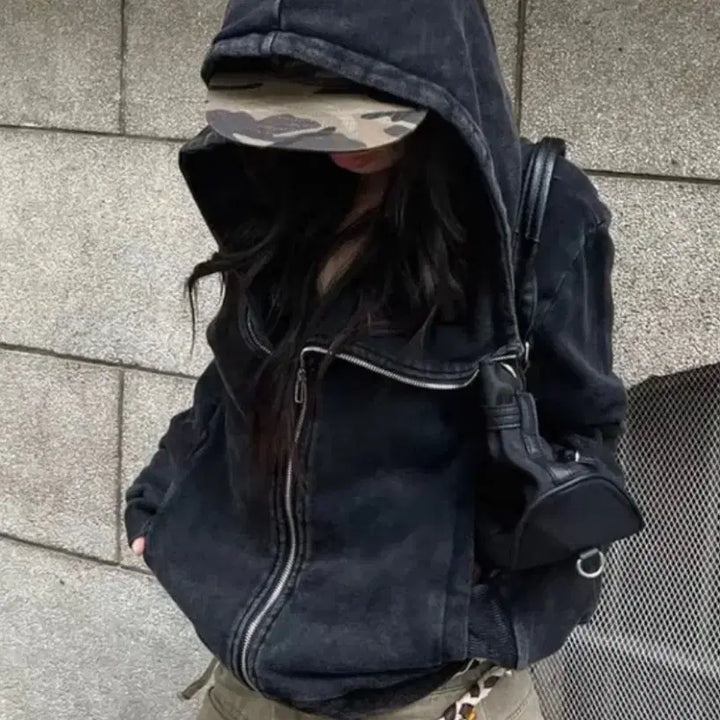 [BUNJANG] Vintage High Neck Charcoal Pigment Hooded Zip-up / 빈티지 하이넥 언발 피그먼트 차콜 후드집업