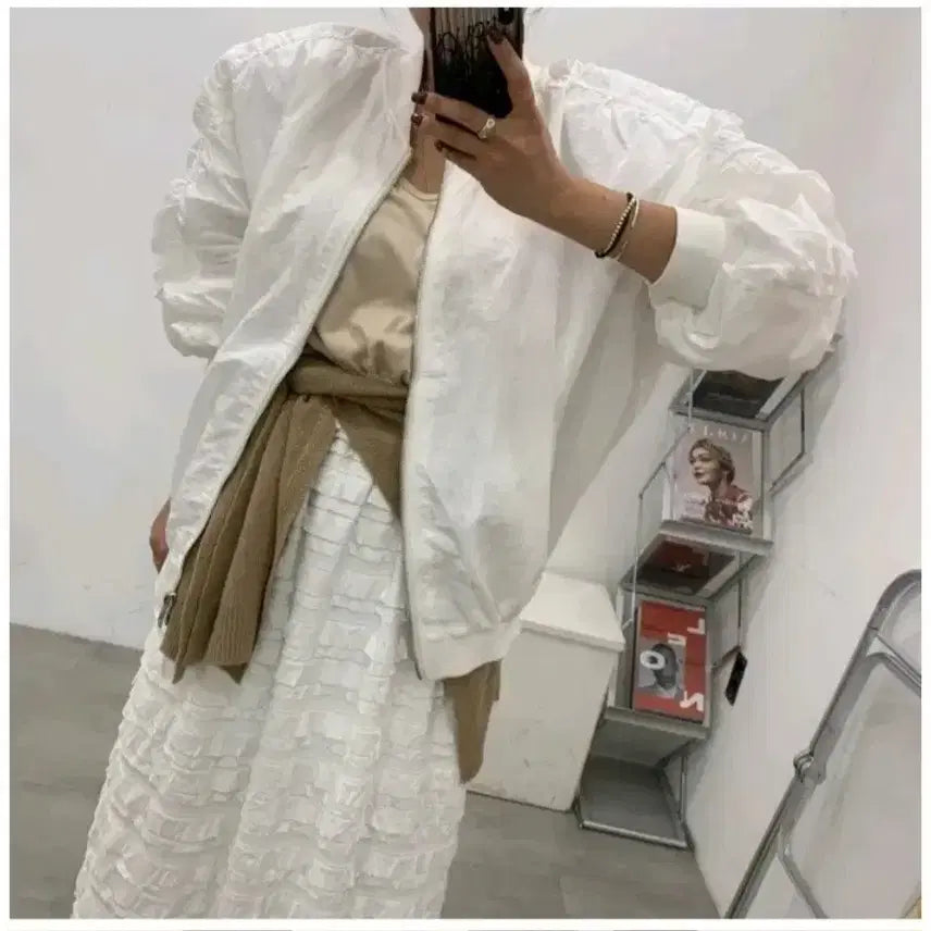 [BUNJANG] Bel 201 Mood Bomber Jacket - Ivory, Free Size / 벨201 무드 항공점퍼 - 아이보리,프리