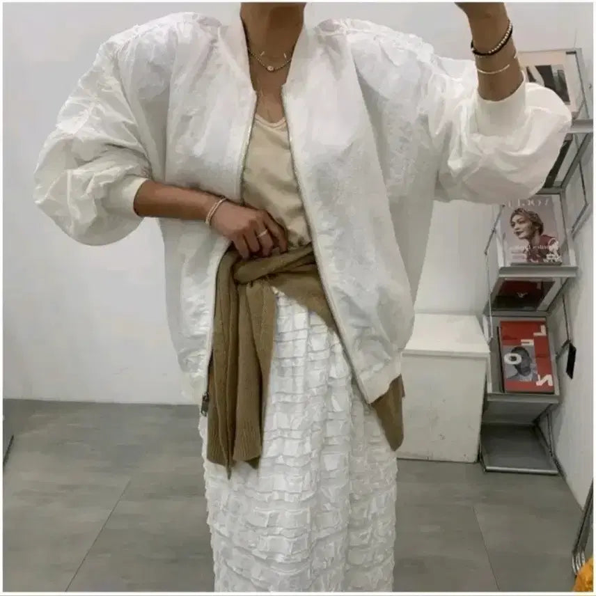 [BUNJANG] Bel 201 Mood Bomber Jacket - Ivory, Free Size / 벨201 무드 항공점퍼 - 아이보리,프리