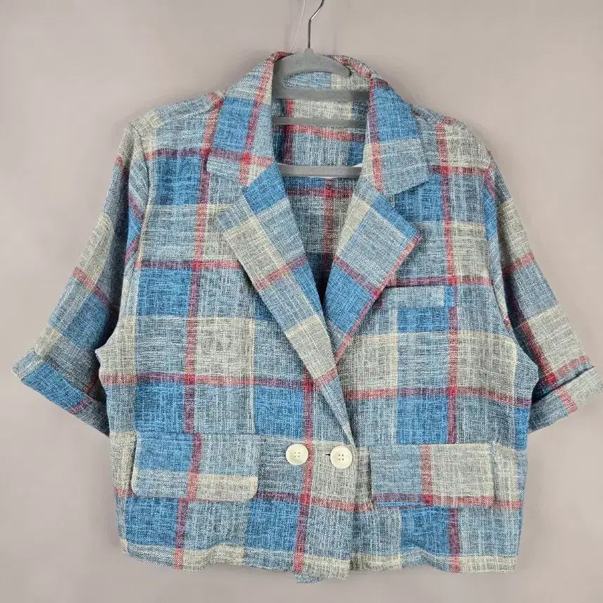 [SOLD OUT] [무료배송]여성 F 루즈핏 린넨 느낌 체크 반팔 숏 크롭 자켓 빅사이즈