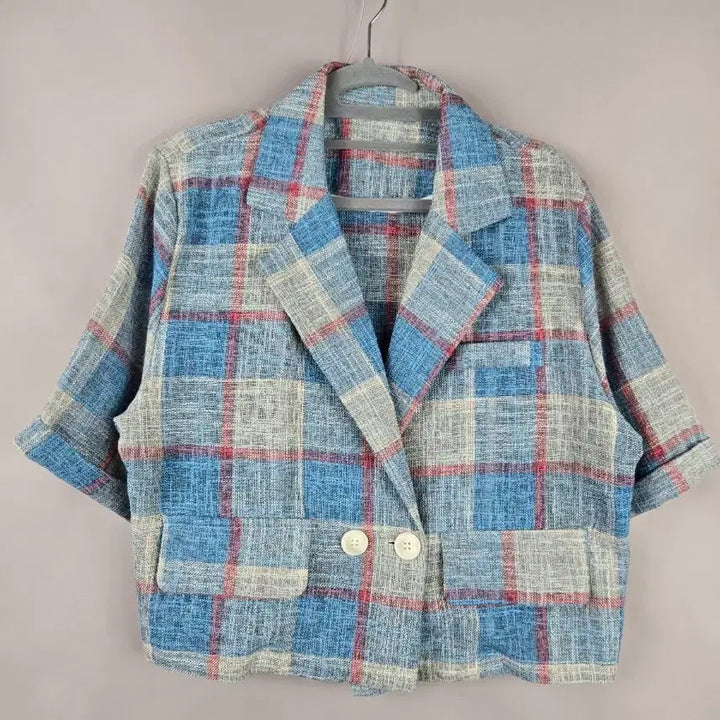 [SOLD OUT] [무료배송]여성 F 루즈핏 린넨 느낌 체크 반팔 숏 크롭 자켓 빅사이즈