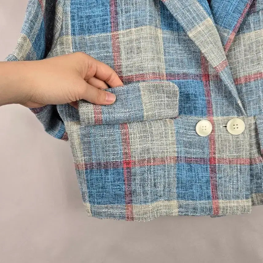 [SOLD OUT] [무료배송]여성 F 루즈핏 린넨 느낌 체크 반팔 숏 크롭 자켓 빅사이즈