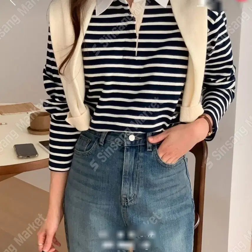 [BUNJANG] Striped Collar T-shirt / 고퀄 스트라이프 카라 티셔츠