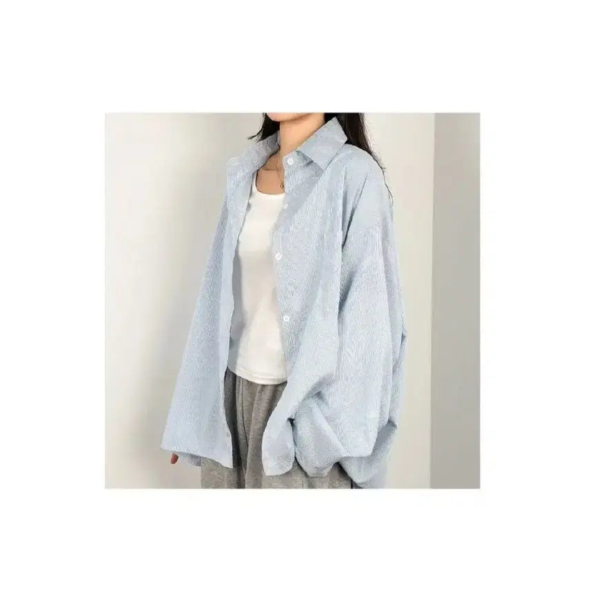 [BUNJANG] Overfit Striped Shirt - Blue, Free Size / 오버핏 스트라이프 셔츠 - 블루,프리