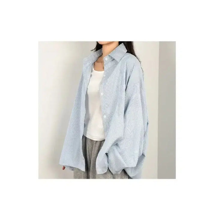 [BUNJANG] Overfit Striped Shirt - Blue, Free Size / 오버핏 스트라이프 셔츠 - 블루,프리