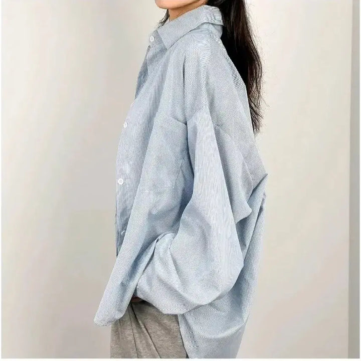 [BUNJANG] Overfit Striped Shirt - Blue, Free Size / 오버핏 스트라이프 셔츠 - 블루,프리