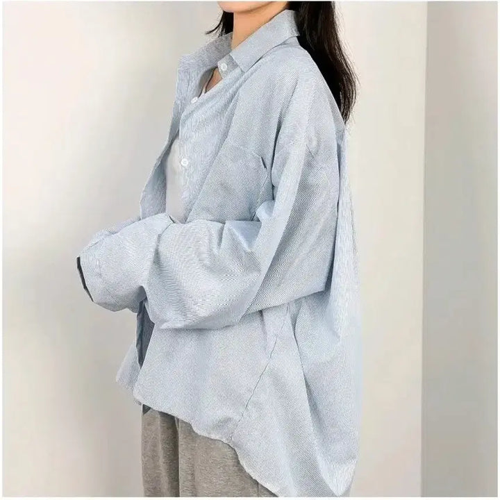 [BUNJANG] Overfit Striped Shirt - Blue, Free Size / 오버핏 스트라이프 셔츠 - 블루,프리
