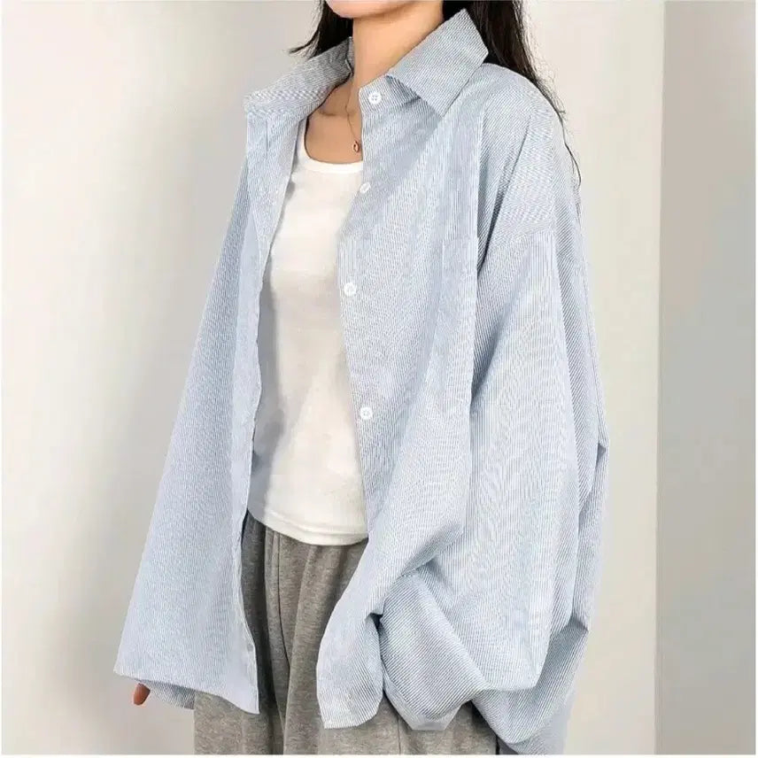 [BUNJANG] Overfit Striped Shirt - Blue, Free Size / 오버핏 스트라이프 셔츠 - 블루,프리