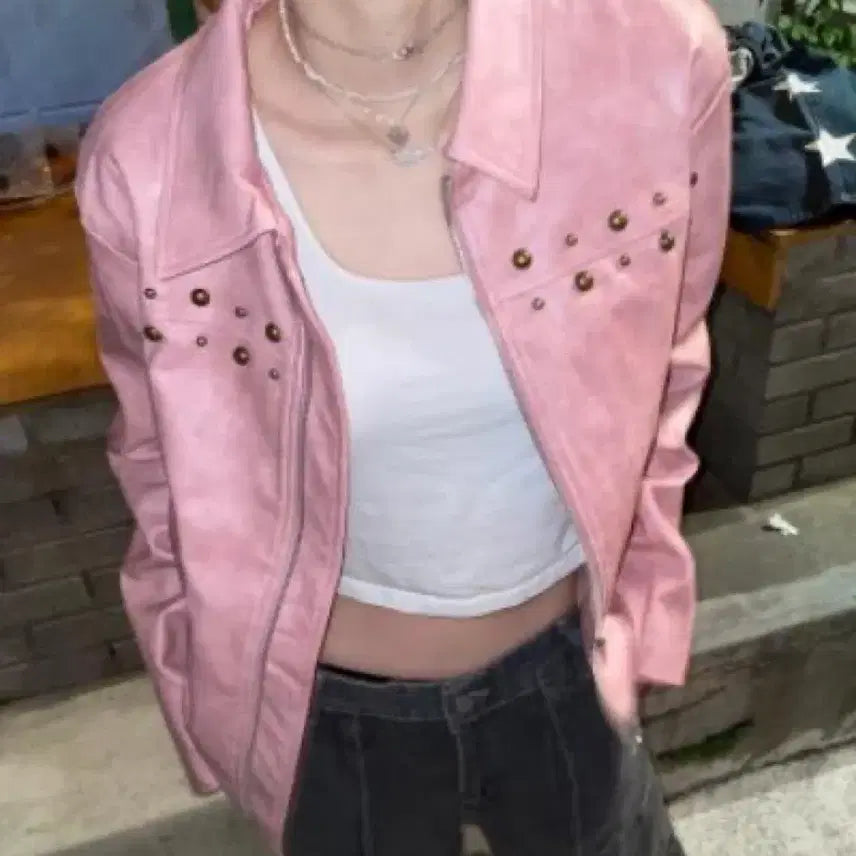 [BUNJANG] Pink Studded Rider Jacket / 새상품) 스터드 핑크 라이더자켓