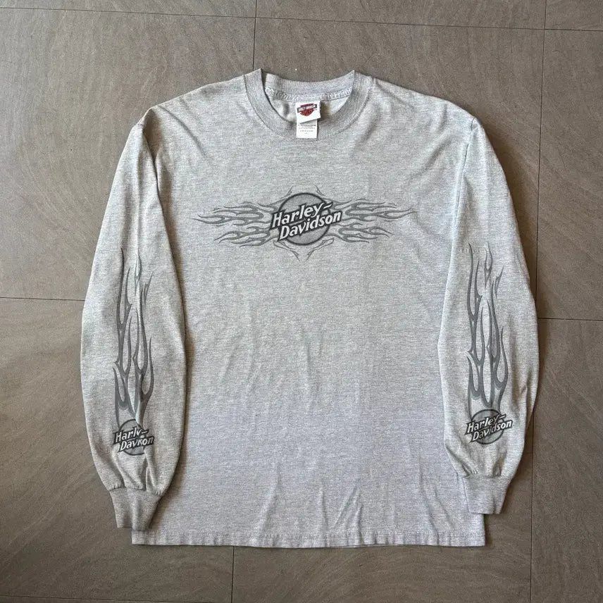 [BUNJANG] Harley-Davidson Gray Flame Long Sleeve T-Shirt / 할리데이비슨 미국 생산 그레이 플레임 긴팔 티셔츠 긴팔티